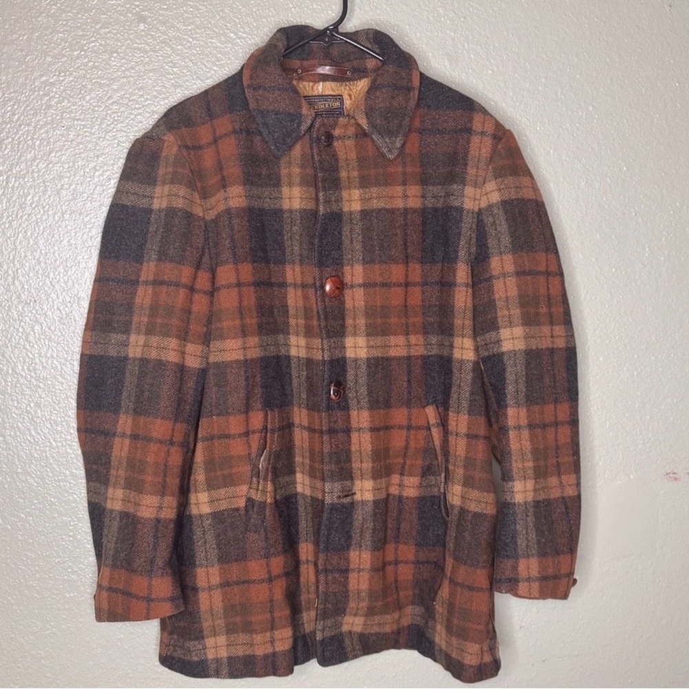 Pendleton Plaid Wool Pea Coat in Brown and Tan. Wool